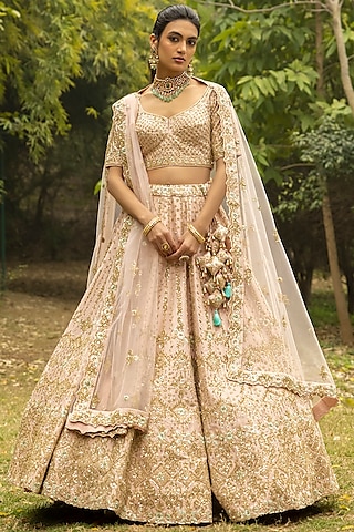 Canyon Peach Raw Silk Embroidered Lehenga Set by Angad Singh