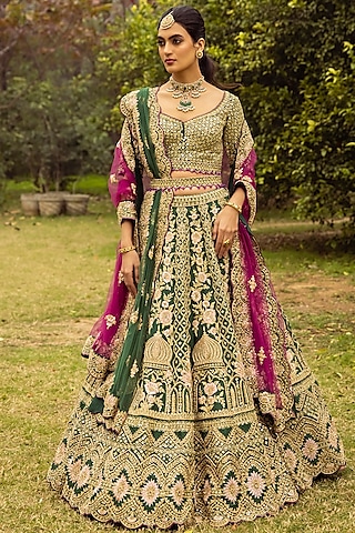 Green Raw Silk Embroidered Lehenga Set by Angad Singh