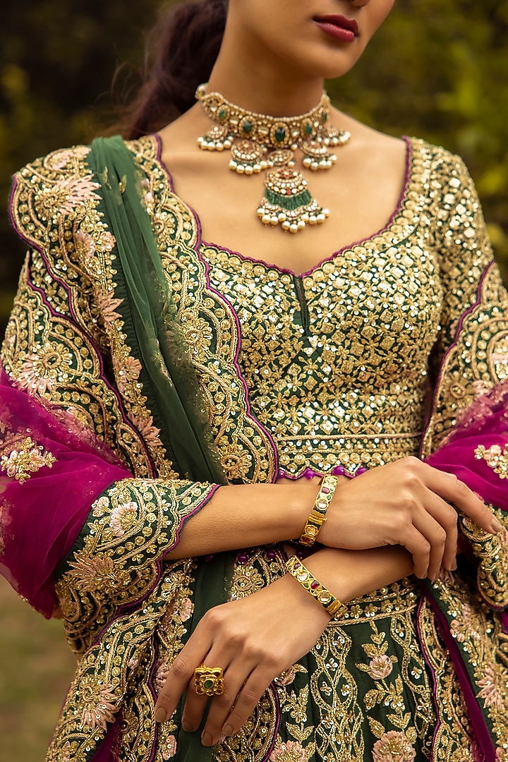 Green Raw Silk Embroidered Bridal Lehenga Set by Angad Singh at Pernia's Pop Up Shop