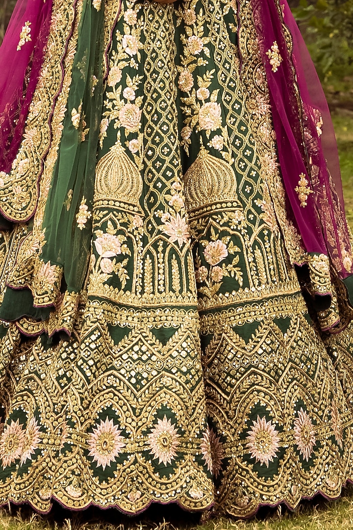 Green Raw Silk Embroidered Bridal Lehenga Set by Angad Singh at Pernia's Pop Up Shop