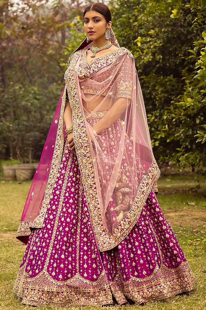 Magenta Raw Silk Embroidered Wedding Lehenga Set by Angad Singh at Pernia's Pop Up Shop