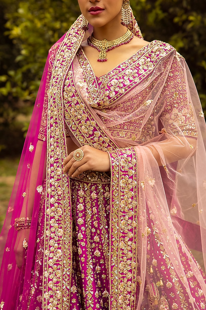 Magenta Raw Silk Embroidered Wedding Lehenga Set by Angad Singh at Pernia's Pop Up Shop