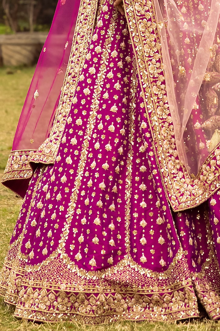 Magenta Raw Silk Embroidered Wedding Lehenga Set by Angad Singh at Pernia's Pop Up Shop