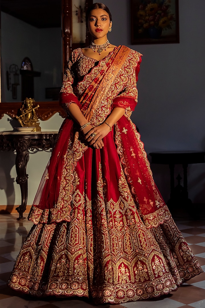 Red Raw Silk Embroidered Lehenga Set by Angad Singh