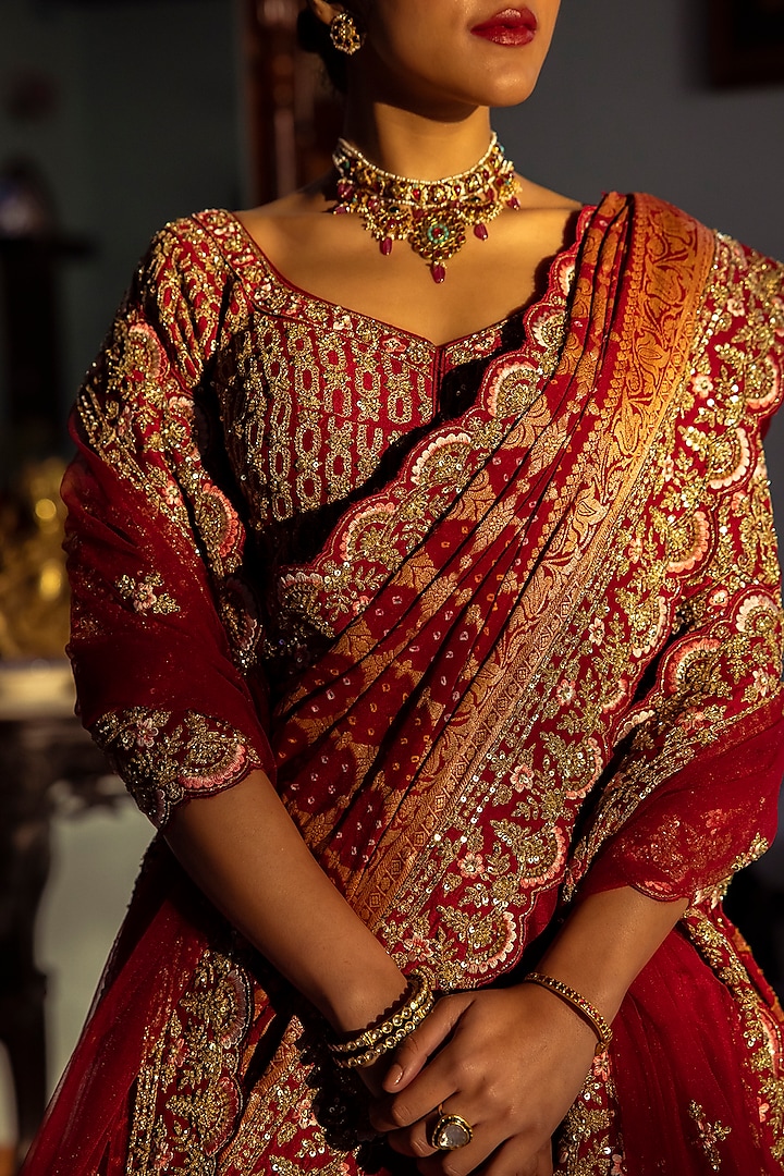 Red Raw Silk Embroidered Wedding Lehenga Set by Angad Singh at Pernia's Pop Up Shop