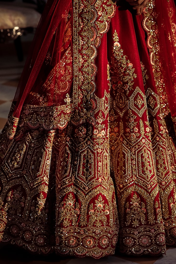 Red Raw Silk Embroidered Wedding Lehenga Set by Angad Singh at Pernia's Pop Up Shop