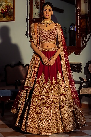 Maroon Raw Silk Embroidered Lehenga Set by Angad Singh