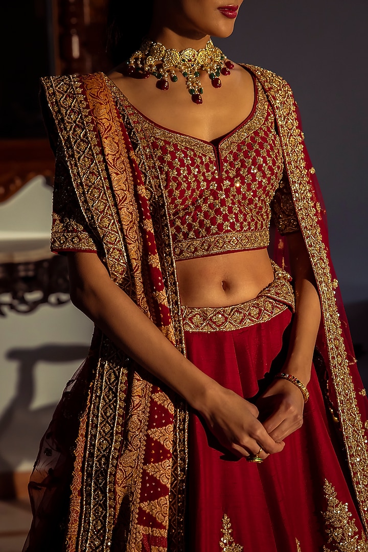 Maroon Raw Silk Embroidered Bridal Lehenga Set by Angad Singh at Pernia's Pop Up Shop