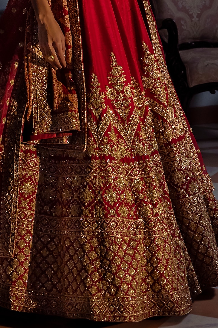 Maroon Raw Silk Embroidered Bridal Lehenga Set by Angad Singh at Pernia's Pop Up Shop