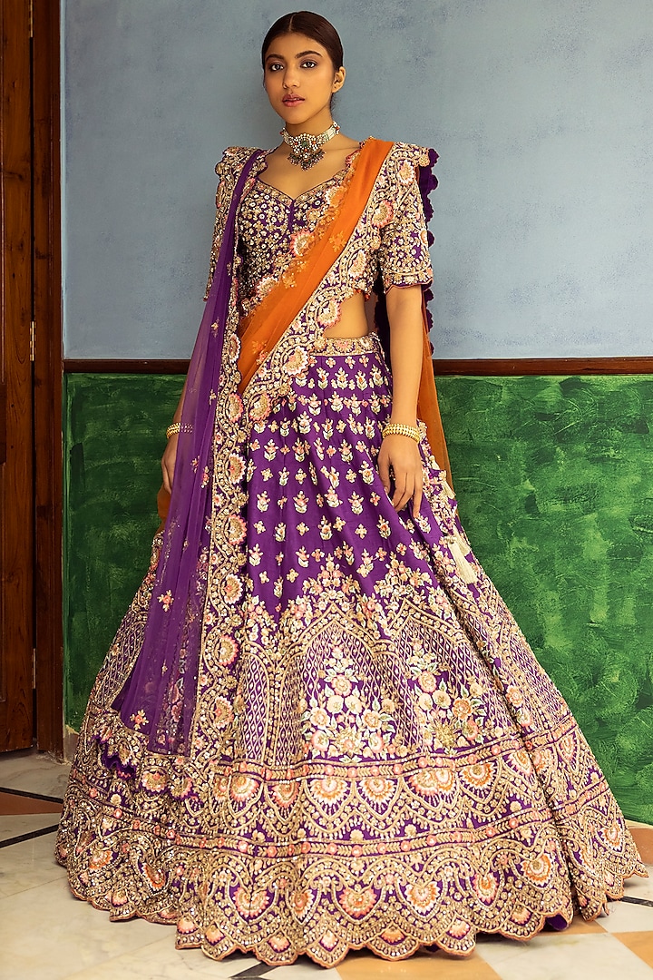 Purple Raw Silk Embroidered Lehenga Set by Angad Singh