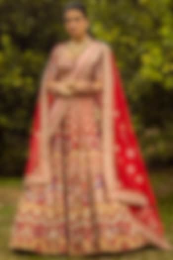 Coral Raw Silk Embroidered Lehenga Set by Angad Singh