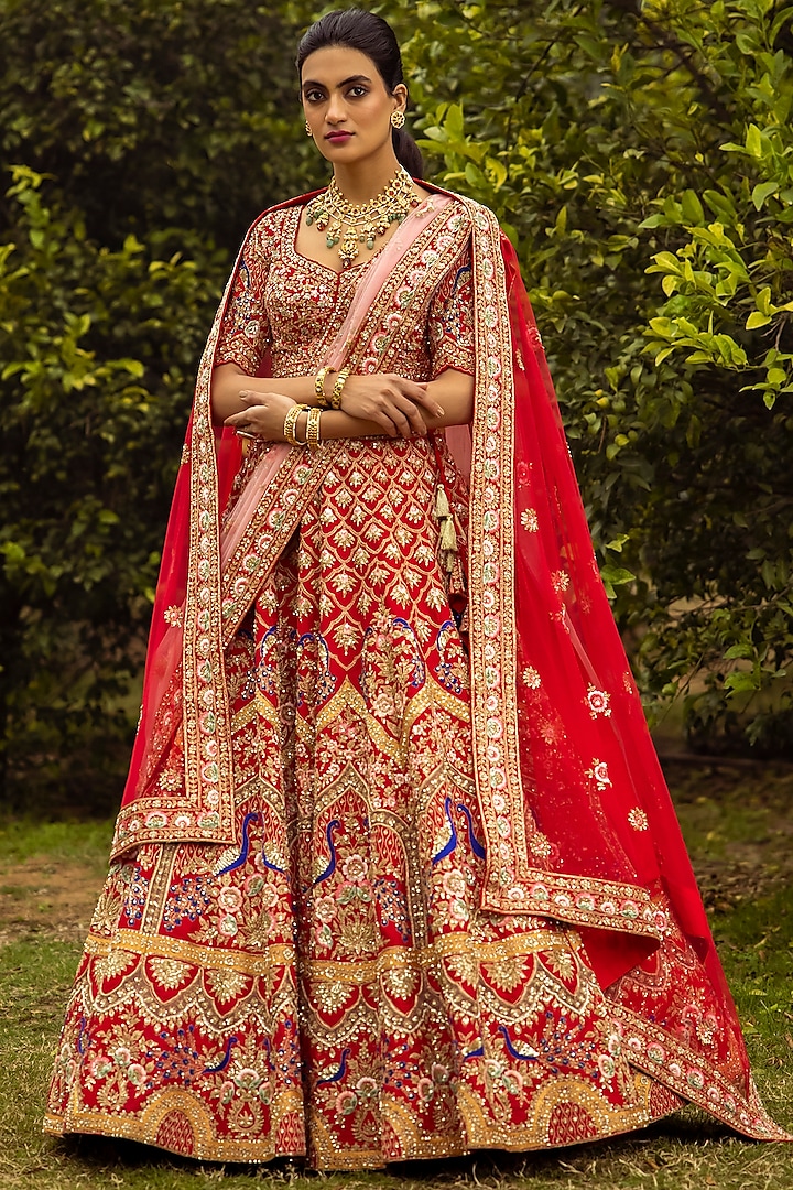 Coral Hand Embroidered Lehenga Set by Angad Singh