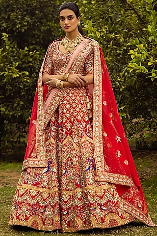 Coral Raw Silk Embroidered Lehenga Set by Angad Singh