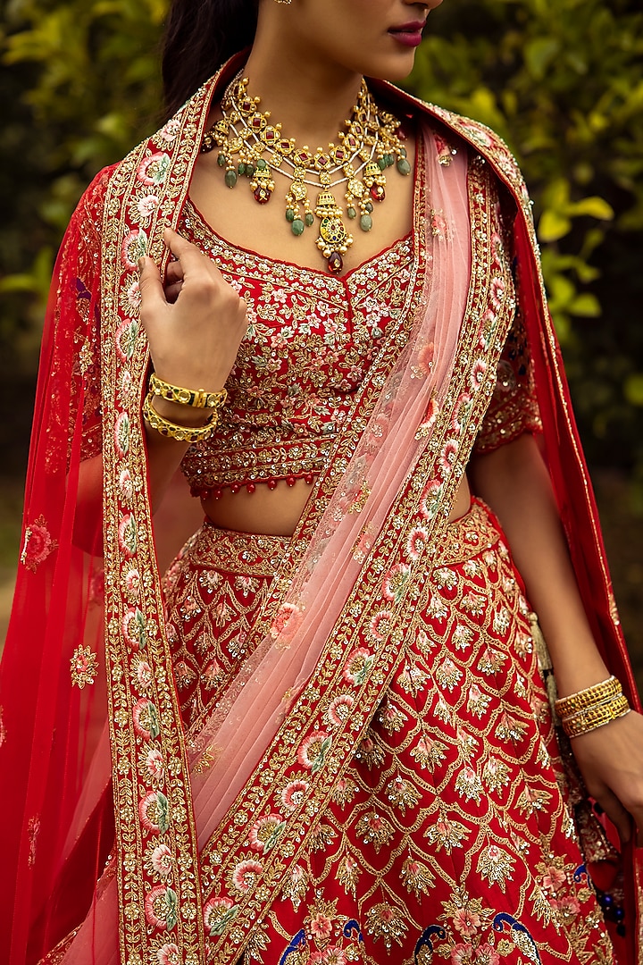 Coral Raw Silk Embroidered Wedding Lehenga Set by Angad Singh at Pernia's Pop Up Shop