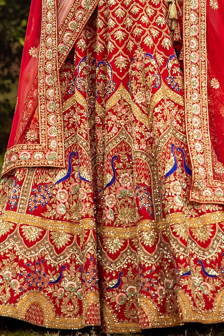 Coral Raw Silk Embroidered Wedding Lehenga Set by Angad Singh at Pernia's Pop Up Shop
