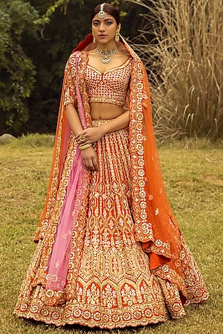Rust Raw Silk Embroidered Lehenga Set by Angad Singh
