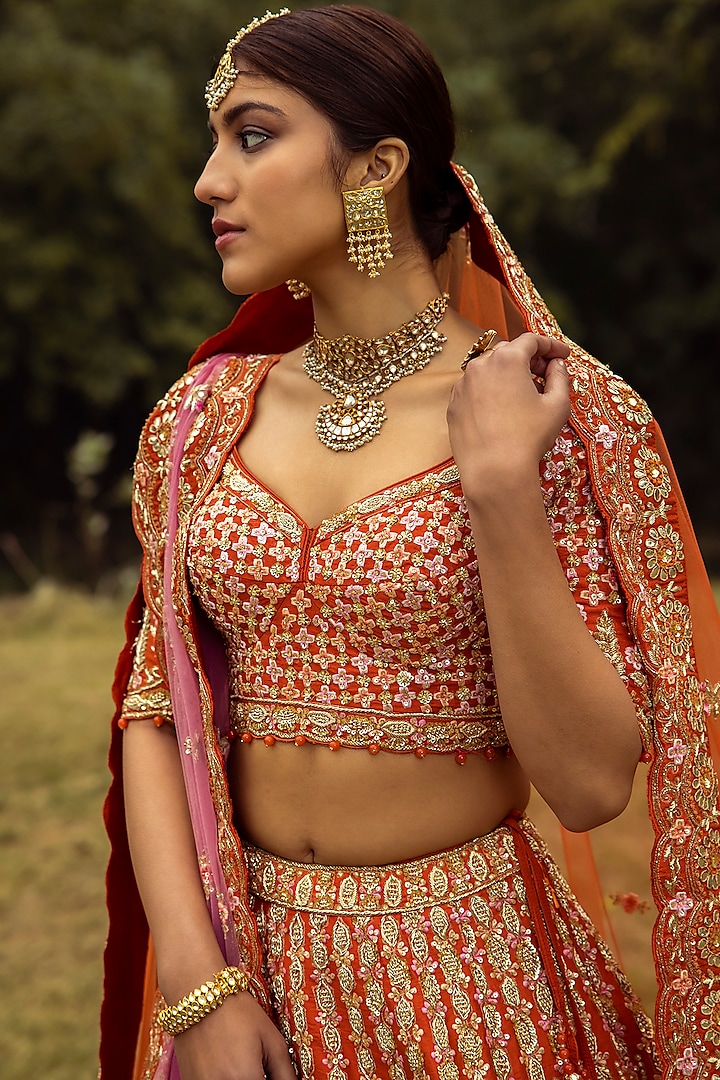 Rust Raw Silk Embroidered Bridal Lehenga Set by Angad Singh at Pernia's Pop Up Shop