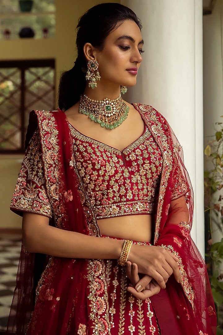 Deep Red Raw Silk Embroidered Wedding Lehenga Set by Angad Singh at Pernia's Pop Up Shop