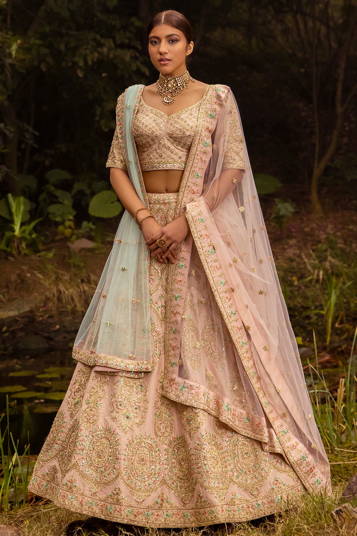 Peach Raw Silk Embroidered Lehenga Set Design by Angad Singh at