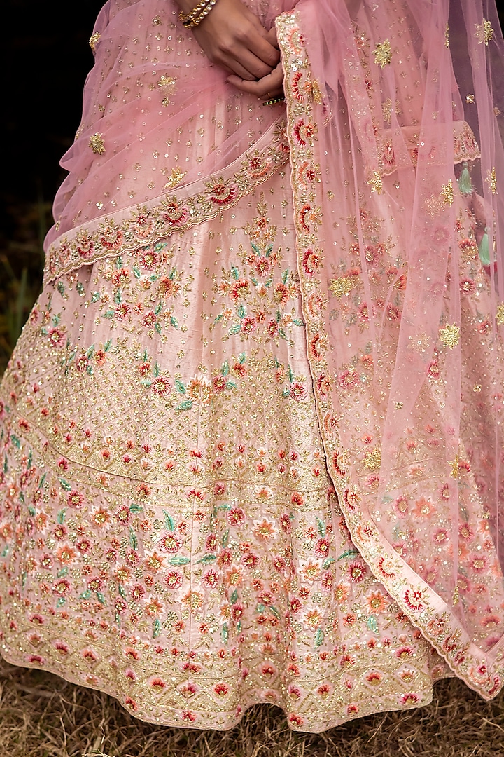 Light Peach Raw Silk Embroidered Wedding Lehenga Set by Angad Singh at Pernia's Pop Up Shop