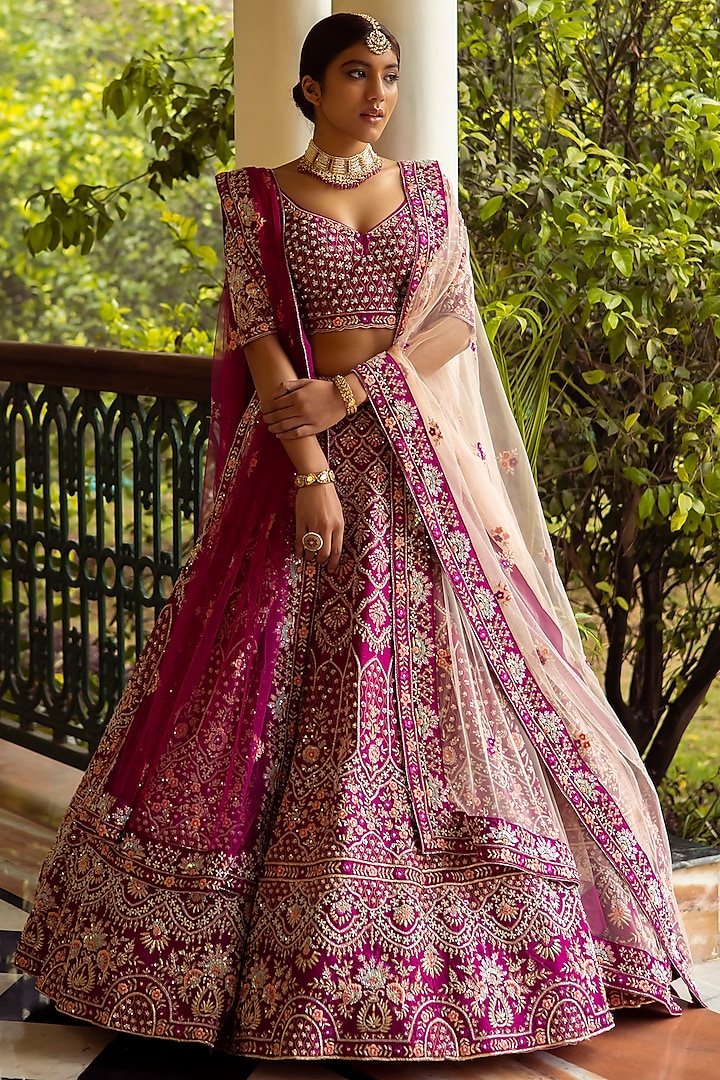 Crimson Pink Raw Silk Embroidered Wedding Lehenga Set by Angad Singh at Pernia's Pop Up Shop