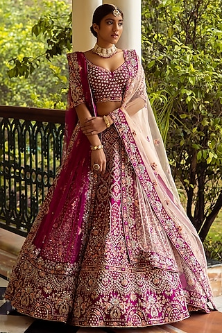 Crimson Pink Raw Silk Embroidered Lehenga Set by Angad Singh