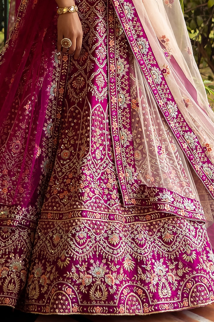 Crimson Pink Raw Silk Embroidered Bridal Lehenga Set by Angad Singh at Pernia's Pop Up Shop