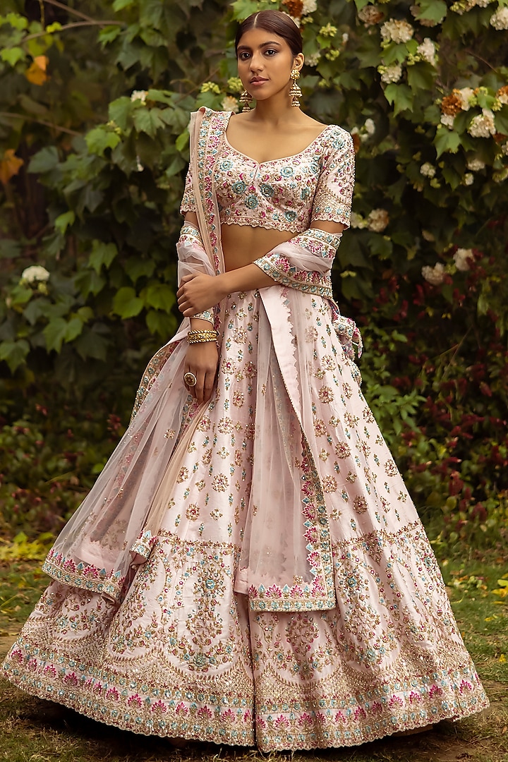 Blush Pink Raw Silk Embroidered Lehenga Set by Angad Singh