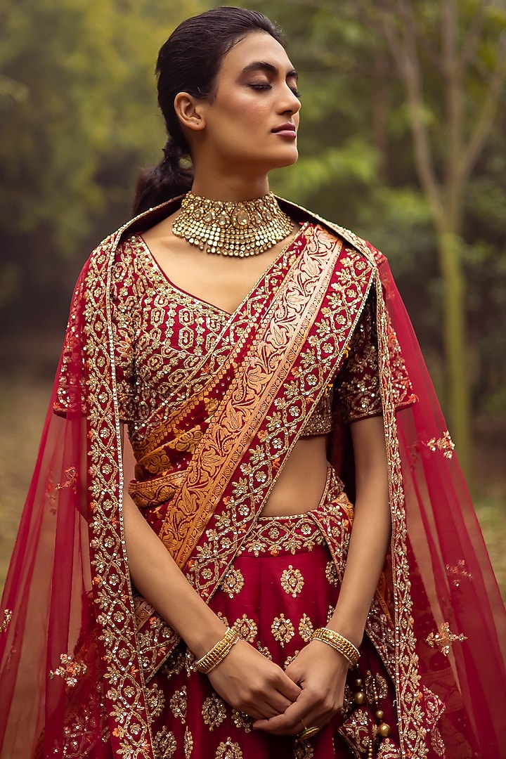 Burgundy Raw Silk Embroidered Wedding Lehenga Set by Angad Singh at Pernia's Pop Up Shop
