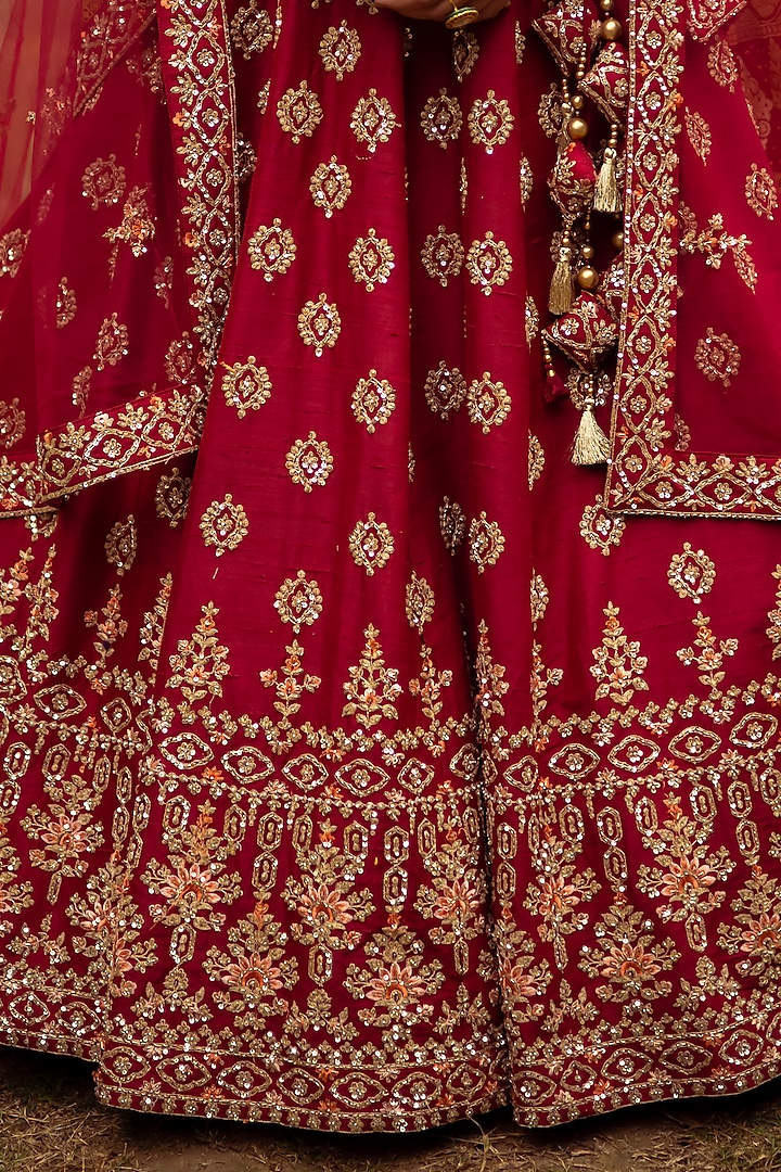 Burgundy Raw Silk Embroidered Wedding Lehenga Set by Angad Singh at Pernia's Pop Up Shop