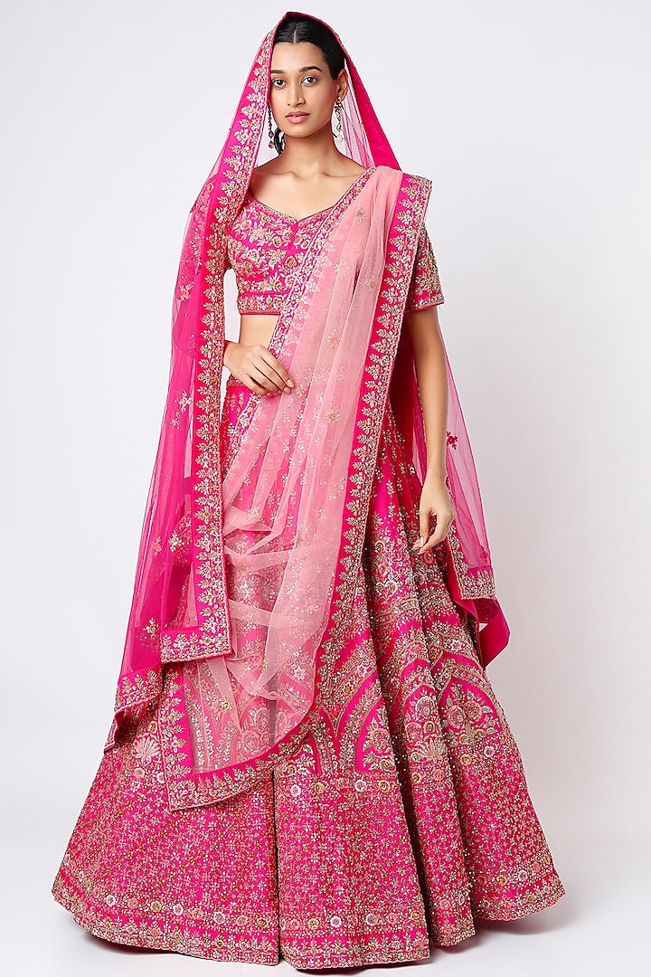 Rani Pink Raw Silk Zardosi Embroidered Lehenga Set  by Angad Singh