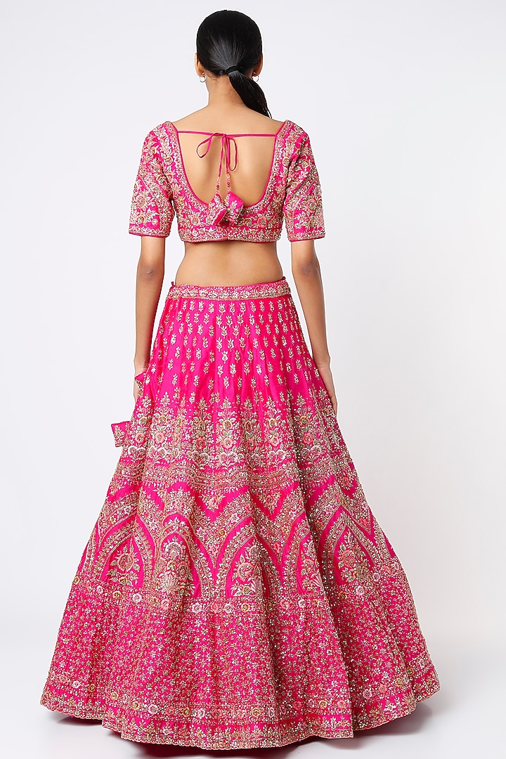 Rani Pink Raw Silk Zardosi Embroidered Bridal Lehenga Set by Angad Singh at Pernia's Pop Up Shop