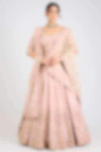 Peach Raw Silk Embroidered Wedding Lehenga Set by Angad Singh at Pernia's Pop Up Shop