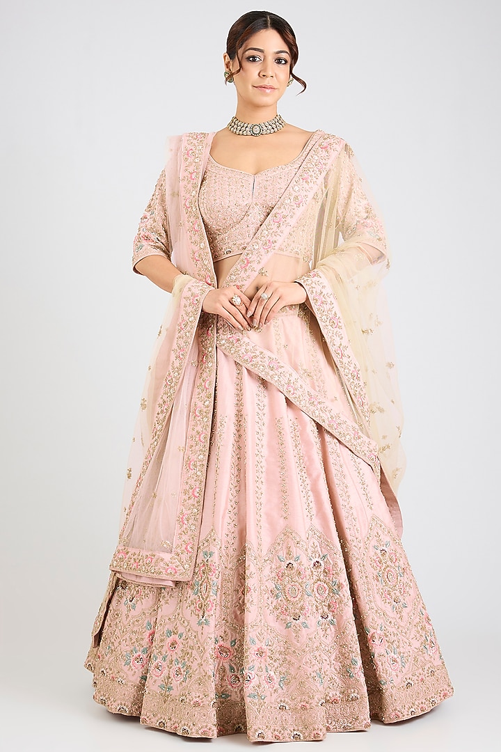 Peach Raw Silk Embroidered Wedding Lehenga Set by Angad Singh at Pernia's Pop Up Shop