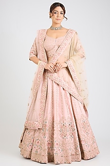Peach Raw Silk Embroidered Lehenga Set by Angad Singh-POPULAR PRODUCTS AT STORE