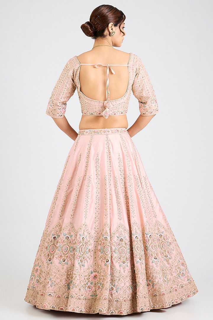 Peach Raw Silk Embroidered Wedding Lehenga Set by Angad Singh at Pernia's Pop Up Shop