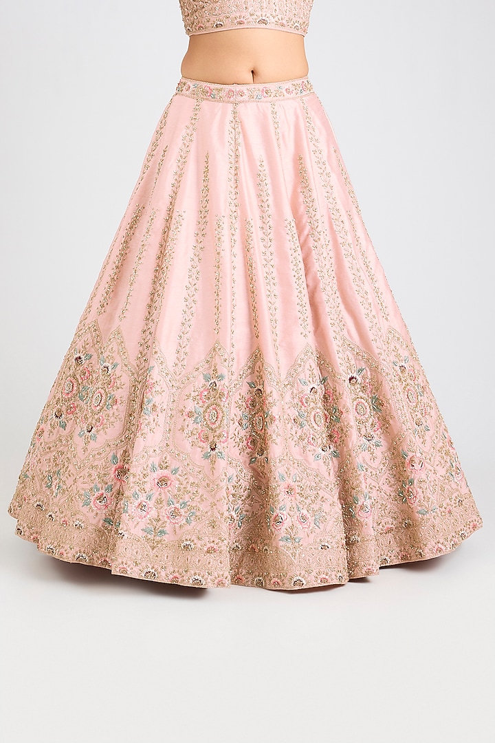 Peach Raw Silk Embroidered Wedding Lehenga Set by Angad Singh at Pernia's Pop Up Shop