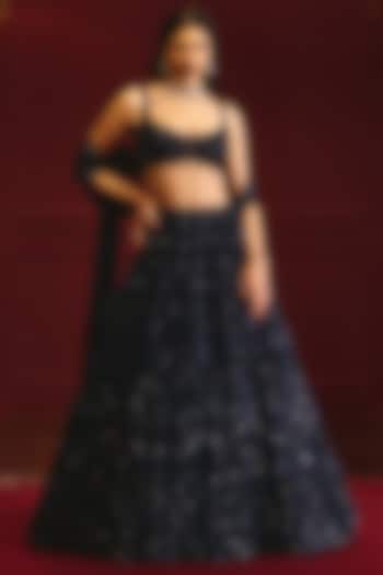 Midnight Blue Net Embroidered Bridal Lehenga Set by Angad Singh at Pernia's Pop Up Shop