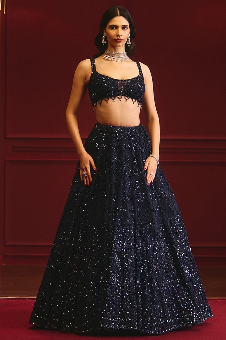 Midnight Blue Net Embroidered Bridal Lehenga Set by Angad Singh at Pernia's Pop Up Shop