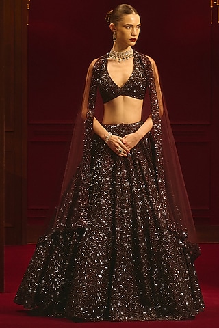 Deep Burgundy Soft Net Embroidered Lehenga Set by Angad Singh