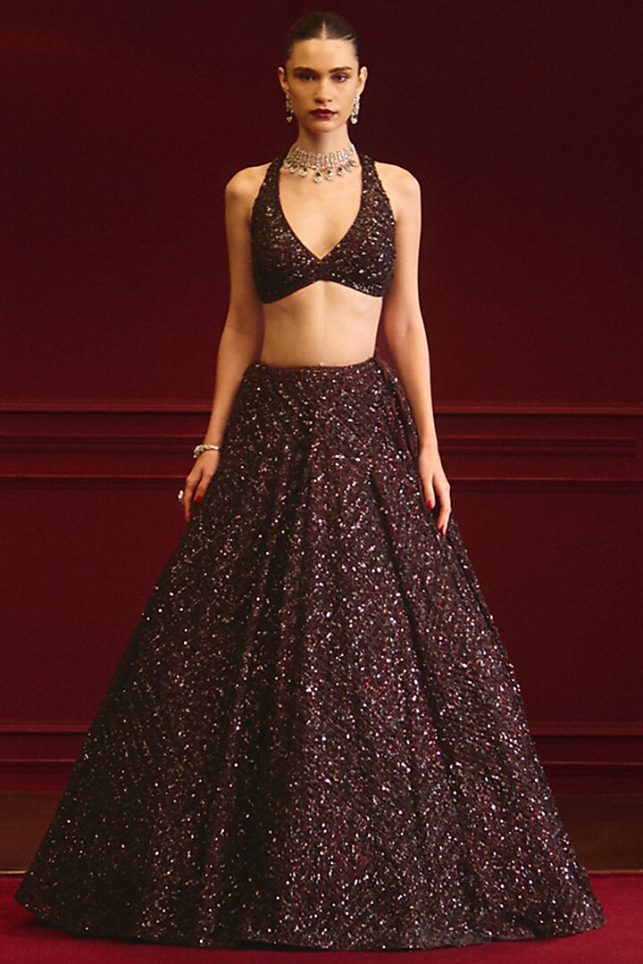 Deep Burgundy Soft Net Embroidered Bridal Lehenga Set by Angad Singh at Pernia's Pop Up Shop