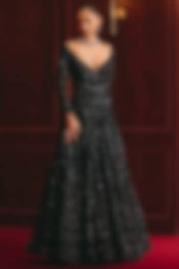 Jet Black Fluid Net Embroidered Bridal Gown by Angad Singh at Pernia's Pop Up Shop