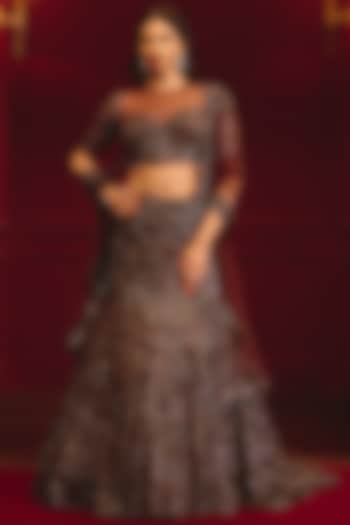 Antique Brown Net Embroidered Bridal Lehenga Set by Angad Singh at Pernia's Pop Up Shop