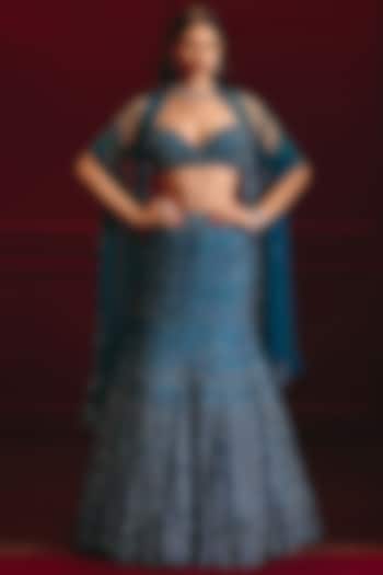 Peacock Blue Net Embroidered Bridal Lehenga Set by Angad Singh at Pernia's Pop Up Shop