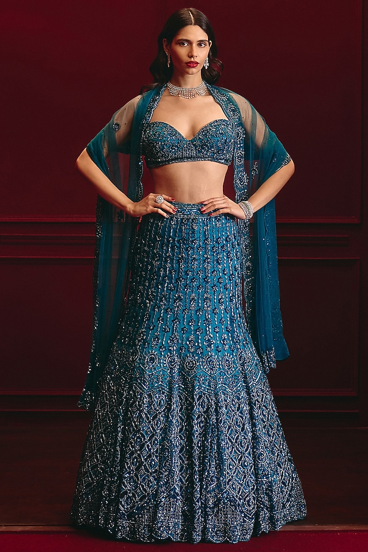 Peacock Blue Net Embroidered Bridal Lehenga Set by Angad Singh at Pernia's Pop Up Shop