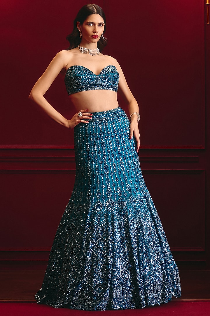 Peacock Blue Net Embroidered Bridal Lehenga Set by Angad Singh at Pernia's Pop Up Shop