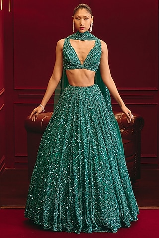 Teal Blue Net Embroidered Lehenga Set by Angad Singh
