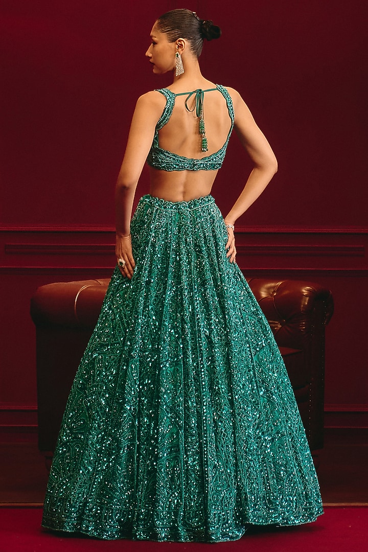 Teal Blue Net Embroidered Bridal Lehenga Set by Angad Singh at Pernia's Pop Up Shop