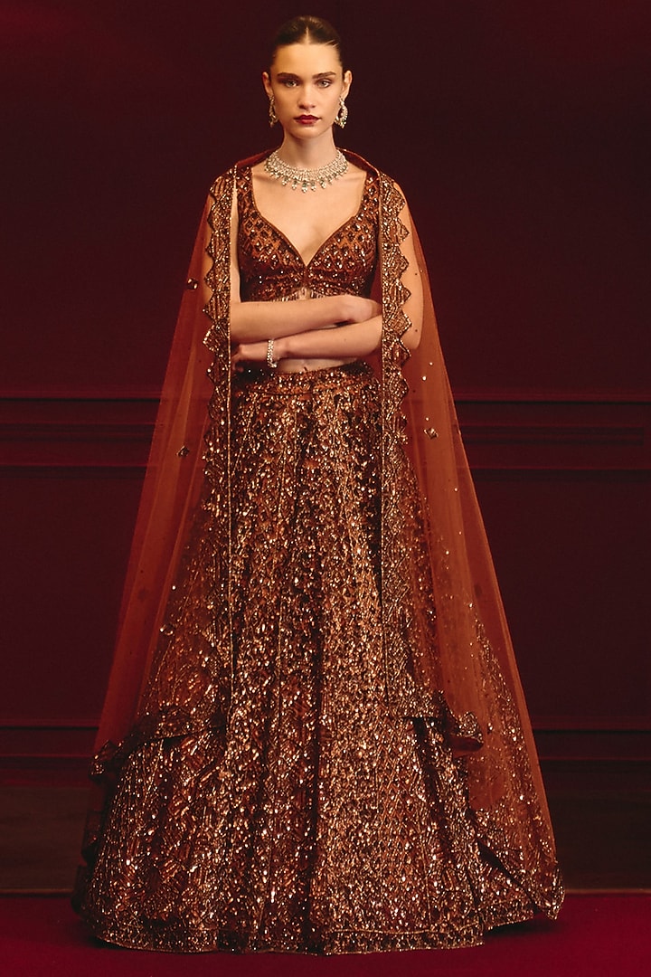 Brown Net Embroidered Bridal Lehenga Set by Angad Singh at Pernia's Pop Up Shop