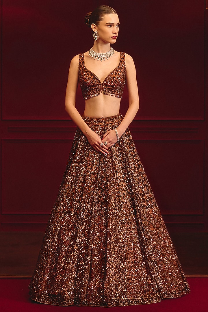 Brown Net Embroidered Bridal Lehenga Set by Angad Singh at Pernia's Pop Up Shop